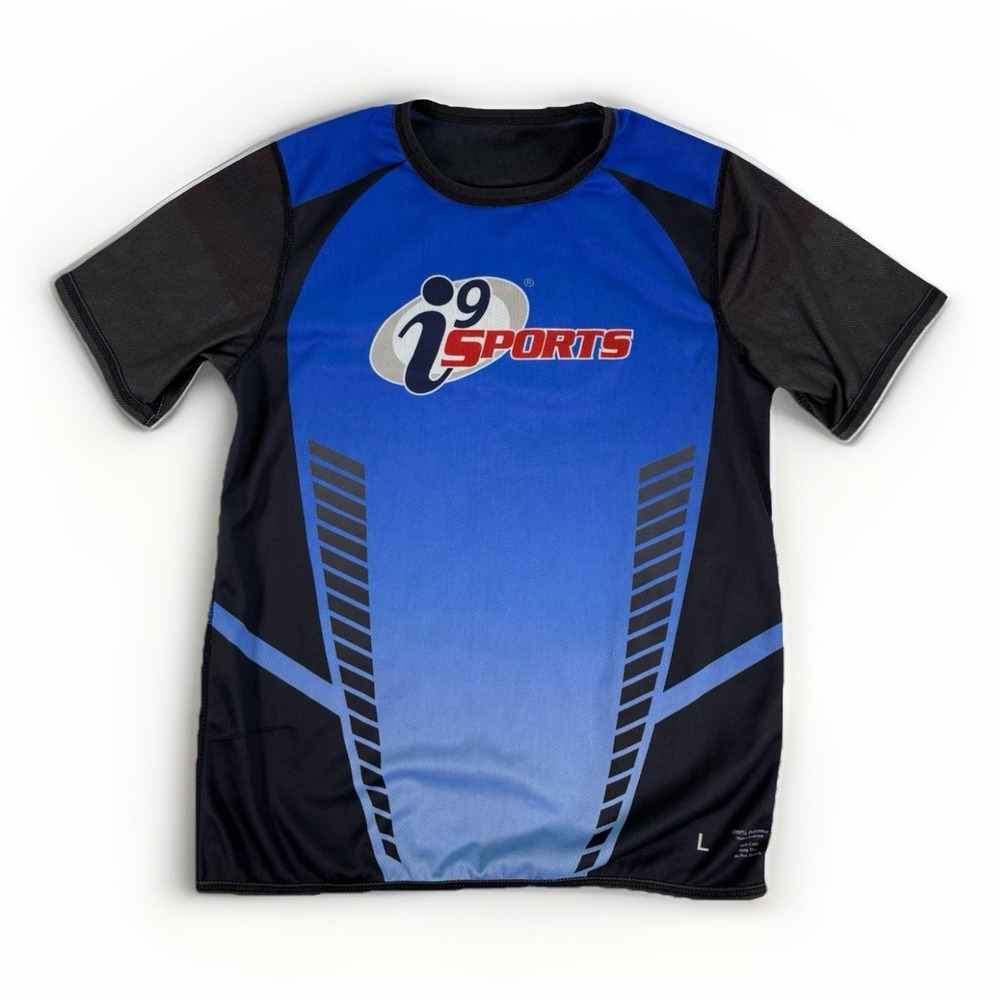 i9 Sports Jersey Shirt‎ Large Blue Black Short Sleeve Athletic Polyester Gym Top